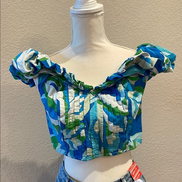 Maeve by Anthropologie Blue/Green Ruffled Off-Shoulder Crop Blouse - Picture 1 of 8